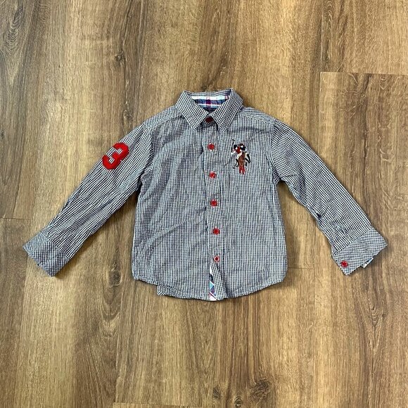 US Polo Assn Blue Gingham Embroidered Long Sleeve Button #3 Shirt Sz 3T - Picture 2 of 11